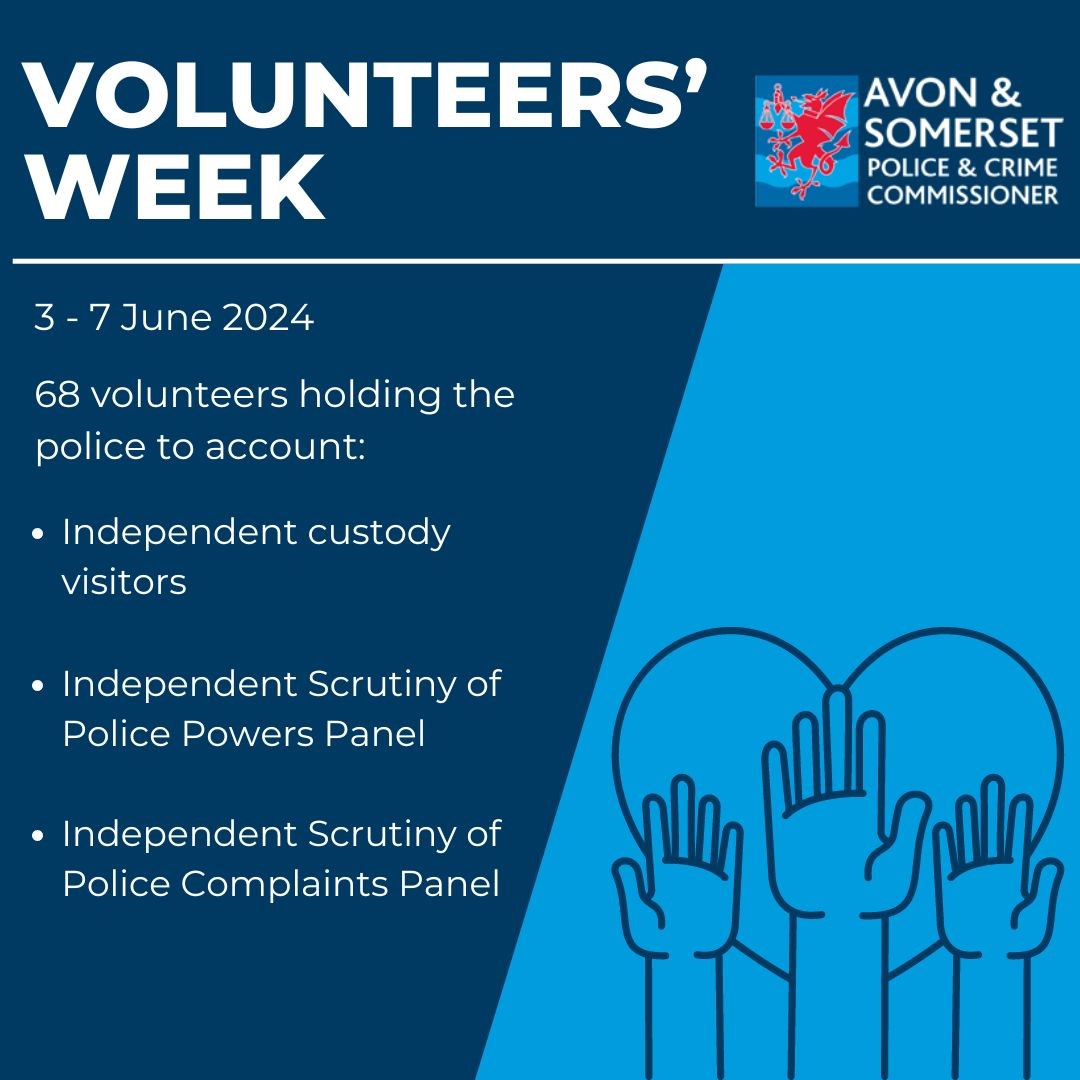 An image with the OPCC logo and the wording: Volunteers' Week - 3-7 June 2024. 68 volunteers holding the police to account: Independent custody visitors, independent scrutiny of police powers panel, independent scrutiny of police complaints panel