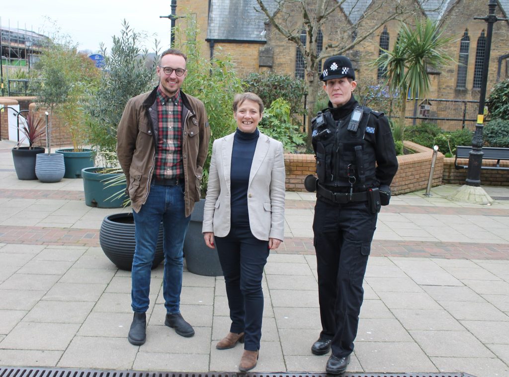 An image of Adam Dance MP, PCC Clare Moody and Staff Officer Jo Hayward-Melen standing Yeovil town centree