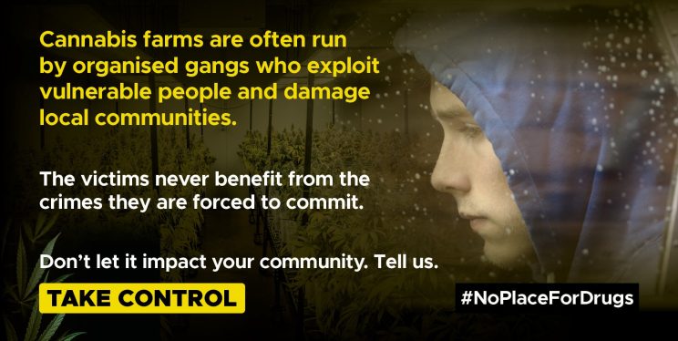 Cannabis farms are often run by organised gangs who exploit vulnerable people and damage local communities. The victims never benfit from the crimes they are forced to commit. DSon;t let it impact your community. Tell us. Take control. #Noplacefordrugs